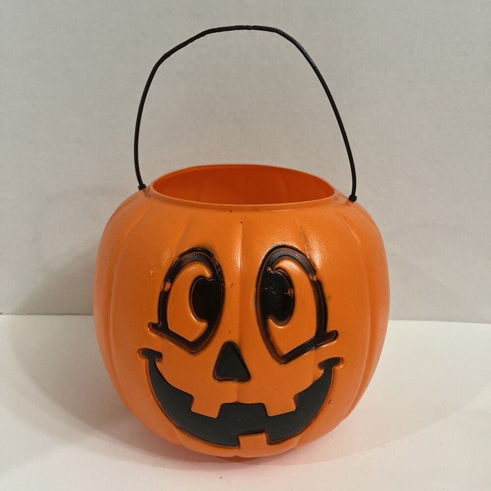 Vtg General Foam Plastics Blow Mold Pumpkin Candy Bucket Halloween Jack Lantern
